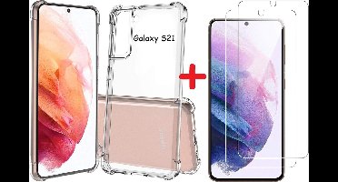 Hoesje Geschikt Voor Samsung Galaxy S21 hoesje Anti Shock Back Case + 2x Glazen Screenprotector / tempered glass