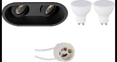 LED Spot Set - Pragmi Zano Pro - GU10 Fitting - Dimbaar - Inbouw Ovaal Dubbel - Mat Zwart - 6W - Warm Wit 3000K - Kantelbaar - 185x93mm