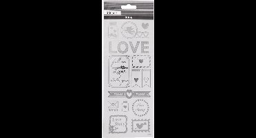Stickers, love, vel 10x24 cm, ca. 14 stuk, zilver, 1 vel