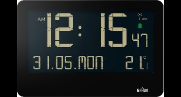 Braun BC14B-DCF - Wandklok - Tafelklok - Digitaal - LCD - Radiogestuurde tijdsaanduiding - Kalender- en temperatuurfunctie - Pieptoonalarm • 12/24H - Uitklapbare standaard - Wekkerfunctie - Snooze - Zwart