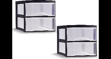 PlasticForte ladeblokje/bureau organizer - 2x - 2 lades - transparant/zwart - L26 x B36 x H25 cm