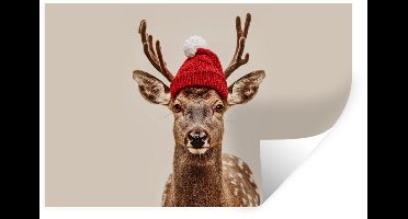 Muurstickers - Sticker Folie - Hert - Kerst - Muts - Dieren - Winter - Grappig - 30x20 cm - Plakfolie - Muurstickers Kinderkamer - Zelfklevend Behang - Zelfklevend behangpapier - Stickerfolie