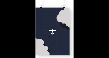 Artprint Vliegen- Vliegtuig illustratie in A3 formaat - Minimalistische poster met sportvliegtuig boven water tussen de wolken