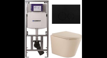 QeramiQ Dely Toiletset - 36.3x51.7cm - diepspoel - rimless - Geberit UP320 inbouwreservoir - softclose toilet zitting 35 mm - metaal mat zwarte bedieningsplaat - ronde knoppen - mat beige