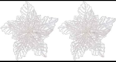 Decoris decoratie bloem - 2x - op clip - wit glitter - 23 cm - kunststof - kerstversieri- kerstboom decoratie - witte kerstversieringen