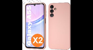 Hoesje geschikt voor Samsung Galaxy A55 siliconen hoesje Pink Sand zacht TPU backcover - Met gehard glas screenprotector - 2 stuks