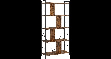 Boekenkast - plank met 5 niveaus, Boekenrek staande plank, kantoorplank, open compartimenten, industrieel ontwerp, voor woonkamer, slaapkamer, kantoor, studeerkamer, thuiskantoor, vintage bruin-zwart