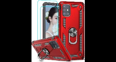 Hoesje Geschikt Voor Samsung Galaxy A51 Armor Ring hoesje & 2x Glazen tempered - Rood