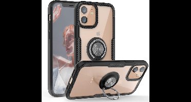 Hoesje Geschikt voor iPhone 12 / 12 Pro (6.1) Luxe hoesje Backcover case - Metalen Ring houder - Zwart
