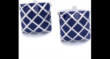 Manchetknopen - Blauwe Ruitjes met Zilver Vierkant