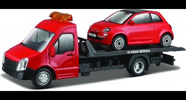 Fiat 500 2007 + Flatbed Transporter 1:43 rood