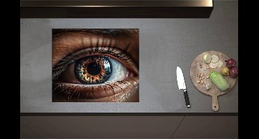 Inductieplaat Beschermer - Close-up van Bruin met Blauw Oog - 60x51 cm - 2 mm Dik - Inductie Beschermer - Bescherming Inductiekookplaat - Kookplaat Beschermer van Zwart Vinyl