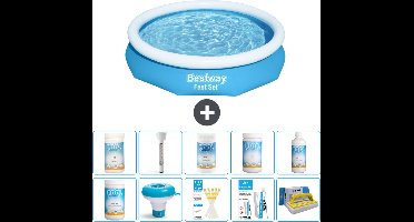 Bestway Rond Opblaasbaar Fast Set Zwembad - 305 x 66 cm - Blauw - Inclusief Chloor - Chloordrijver - Testrips - Reparatiesetje - Scrubborstel - PH-min - PH-plus - Thermometer - Algen - Chloor