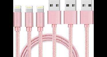 3x Lightning naar USB A Nylon Gevlochten Kabel Roze - 1 meter - Oplaadkabel voor iPhone X / XS / XS MAX / XR / 7 / 7 PLUS / 8 / 8 PLUS / 6 / 6S / 6 PLUS / 6S PLUS / 5 / 5S / SE / AirPods 1 / Airpods 2 / Airpods 3 / Airpods Pro 1