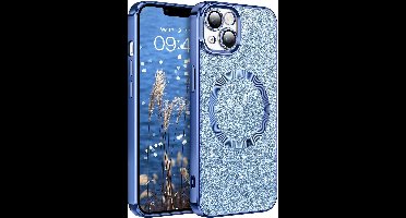 Hoesje Geschikt voor iPhone 15 Magsafe hoesje Blauw - Lens beschermer glitter backcover