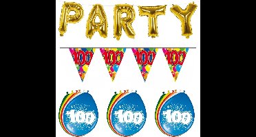 Folat - Verjaardag feestversiering 100 jaar PARTY letters en 16x ballonnen met 2x plastic vlaggetjes