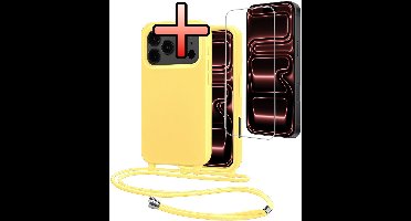 Hoes Geschikt voor iPhone 17 Pro Max Met Telefoonkoord Met Screenprotector - Siliconen Hoesje Backcover Met Ketting - Geel
