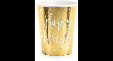 PARTYDECO - 6 Happy New Year kartonnen bekers metallic goud met sterren 220 ml