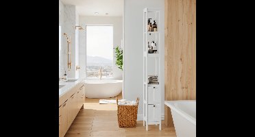 Badkamerkast – Smalle Kolomkast – Vrijstaande Kast – Opbergkast – Wastafelonderkast – Hoogte 160 cm – MDF Materiaal – 2 Laden en 3 Open Planken – Wit