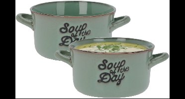 Excellent Houseware Soepkommen/serveer schaaltjes - 2x - porselein - 500ml - groen - met oor