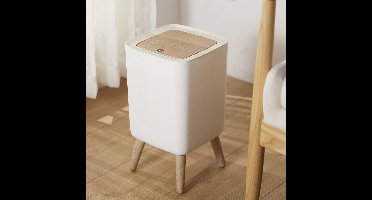 Prullenbak Met Houtnerf-Look (10 L) — Afvalbak Met Deksel En Drukmechanisme — Geschikt Voor Slaapkamers, Keukens, Woonkamers En Kantoren (Wit)