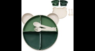 HEM Kinder Serviesset Beer Groen – 7-delig – Bord met Vakken – Bestekset – BPA-vrij PP – 21x20x5 cm
