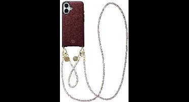 AVY Leren Hoesje geschikt voor Apple iPhone 16 | Compatibel met MagSafe | Leather Back Cover met Telefoonkoord Set | Polsband & Crossbody | Burgundy | Silver Spark Set