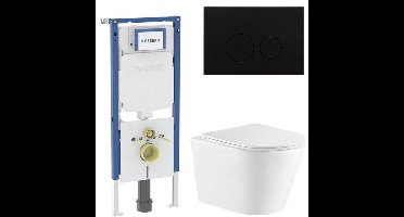QeramiQ Dely Toiletset - 36.3x51.7cm - diepspoel - rimless - Geberit UP720 inbouwreservoir - softclose toiletzitting - mat zwarte bedieningsplaat - ronde knoppen - wit glans
