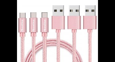 3x USB C naar USB A Nylon Gevlochten Kabel Roze - 1 meter - Oplaadkabel voor Oppo Reno 13 F 5G / Reno 13 5G / Reno 12 FS 5G / Reno 12 F 5G / Reno 8 Lite 5G / Reno 8 5G