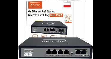 Zenwire 1024 - Switch PoE Fast Ethernet - 4x PoE-poorten - 2x Uplink-poorten - 60W - automatische herstart - bandbreedte 1,6 Gbps - Plug & Play - Netwerk - Netwerkswitch - Unmanaged
