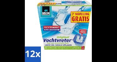 12 x Bison - Vochtvreter - Neutraal - Voor Woonruimtes, Campers & Caravans - 900 g + 2 Extra Navulmagneten - Vochtbestrijding - Vochtvanger - Luchtvochtigheid - Schimmel - Geur