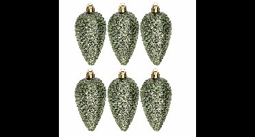 Decoris Kersthangers dennenappels - 12x - donkergroen - glitter - 8 cm - kunststof - kerstversiering