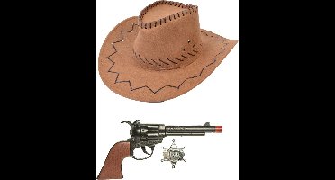 Carnaval verkleed hoed voor een cowboy - bruin - polyester - heren/dames - incl. pistool