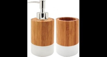 Badkamerset - bamboe - 2-delig - zeeppompje + beker - 17 cm - badkamer