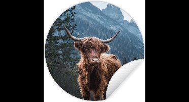 WallCircle - Muurstickers - Behangcirkel - Bergen - Winter - Schotse hooglander - ⌀ 30 cm - Muurcirkel - Zelfklevend - Ronde Behangsticker