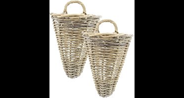 Vd Leeden Wandhanger mand - 2x - bruin - 25 x 22 x 32 cm - rotan gevlochten - voor bloemen/planten - bloempot/plantenpot