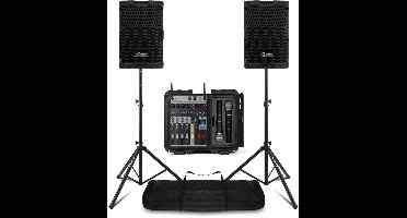 Power Dynamics Volledig PA systeem met 10 inch speakers, mixer, draadloze microfoons en statieven