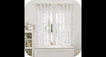 Boraboi® Transparante Linnenlook Voile Gordijnen met Bladborduurwerk en Ogen - Set van 2, 260x140 cm