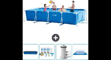 Intex Rechthoekig Frame Zwembad - 450 x 220 x 84 cm - Blauw - Inclusief Afdekzeil - Onderhoudspakket - Zwembadfilterpomp - Grondzeil