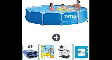 Intex Rond Frame Zwembad - 366 x 76 cm - Blauw - Inclusief Solarzeil - Onderhoudspakket - Zwembadfilterpomp - Vloertegels