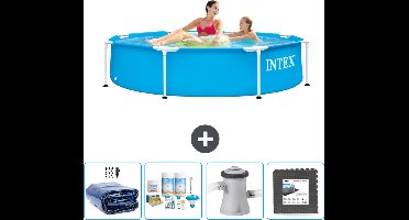 Intex Rond Frame Zwembad - 244 x 51 cm - Blauw - Inclusief Solarzeil - Onderhoudspakket - Zwembadfilterpomp - Vloertegels