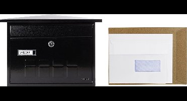 Deco E5704 Brievenbus van Verzinkt Staal | Formaat M (A4 Post) | Horizontale Wandbrievenbus voor Buiten |Brievenbus voor Buiten met Naamplaatje en Valklep | Eenvoudige Montage | Zwart