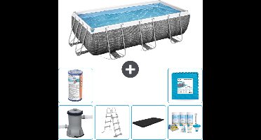 Bestway Rechthoekig Power Steel Zwembad - Rattanprint - 404 x 201 x 100 - Inclusief Pomp - Ladder Afdekzeil - Onderhoudspakket - Filter - Vloertegels