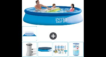 Intex Rond Opblaasbaar Easy Set Zwembad - 366 x 76 cm - Blauw - Inclusief Pomp Afdekzeil - Onderhoudspakket - Filter - Grondzeil - Stofzuiger