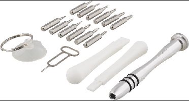 DELTACO VK-50 Smartphone reparatie gereedschap set, lichtmetalen schroevendraaier, zuignap, 17-delig, zwart