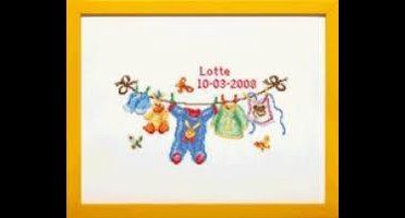 Pako Borduurpakket geboorte- tel patroon met codekaart - Baby waslijn geboortetegel - 225.298 - voorgesorteerd garen- Aida - 25 x 14 cm - DIY kit