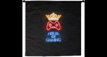 Wandkleed - Wanddoek - Gaming quotes - Neon - House of gaming - Kroon - Tekst - 60x60 cm - Wandtapijt
