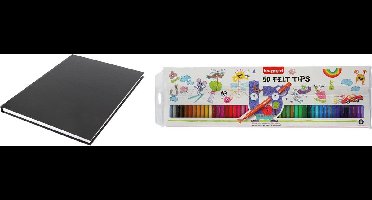 Schetsboek/tekenboek zwart A4 formaat 80 vellen met 50 viltstiften - Tekenen/kleuren
