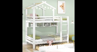 Stapelbed met laden en planken- huisbed met drie treden rechthoekige ladder-kinderbed met valbeveiliging en rooster- frame van grenenhout- wit (90x200cm)