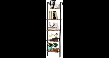 Sierra Ladderrek, Ladderrek met 5 niveaus, boekenkast, doe-het-zelf staand rek, rek van hout, metalen frame, wandmontage, voor boeken, decoratie, planten, voor woonkamer, kantoor, balkon, rustiek bruin HBC015H